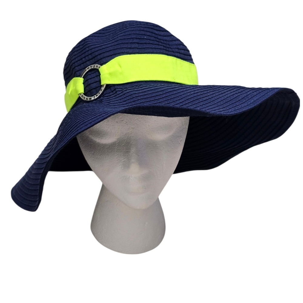 Lauren Ralph Lauren Navy Blue Neon Green Ribbon Floppy Sun Hat 460001 NWT Size M